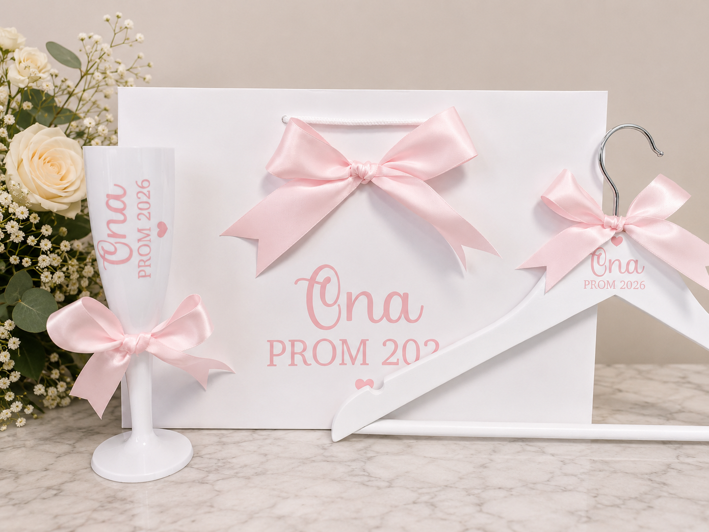 Personalised Prom Gift Set 2026 | Prom Bag, Hanger & Champagne Flute