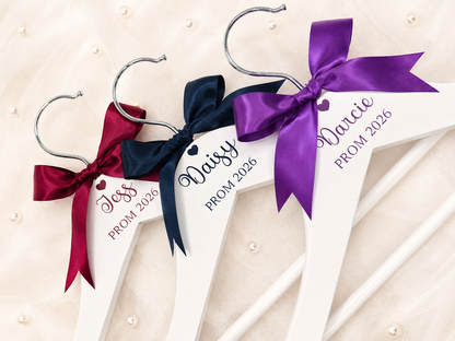 Personalised prom hangers with burgundy, navy and purple satin ribbons, customised with names and Prom 2026 text.