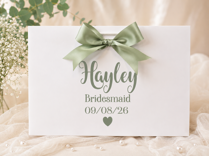 Luxury personalised bridal party gift bag with sage green satin bow, personalised bridesmaid wedding gift bag. 